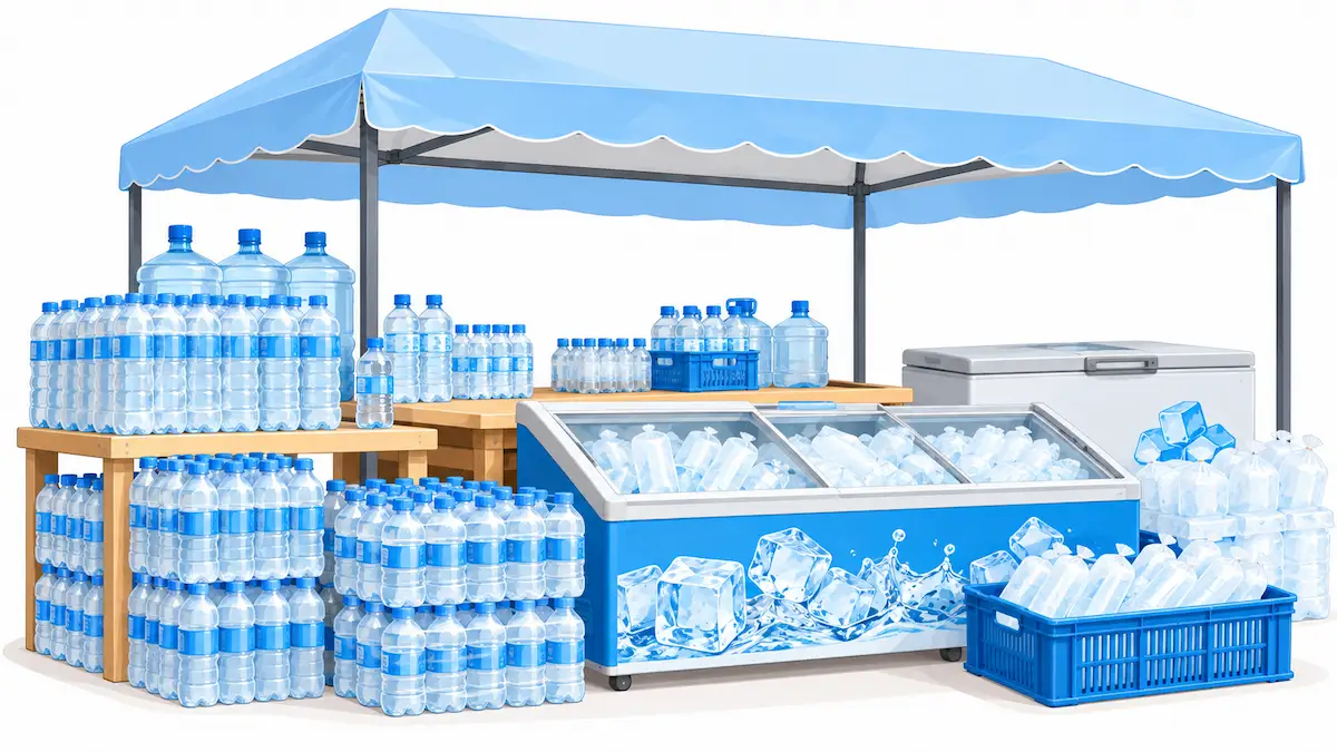 Packaged Water and Ice Blocks